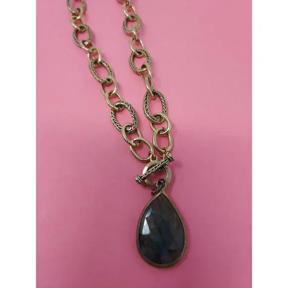 Labradorite Charm on Ralph Lauren Old Gold Chain Necklace VTG "RL" on Toggle End - Picture 5 of 9